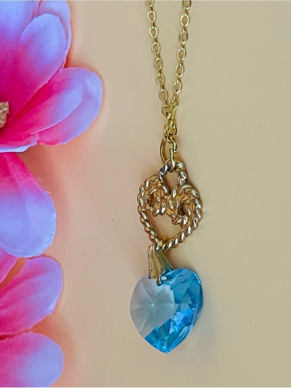 Gold Heart Pendant Necklace with Blue Crystal Heart